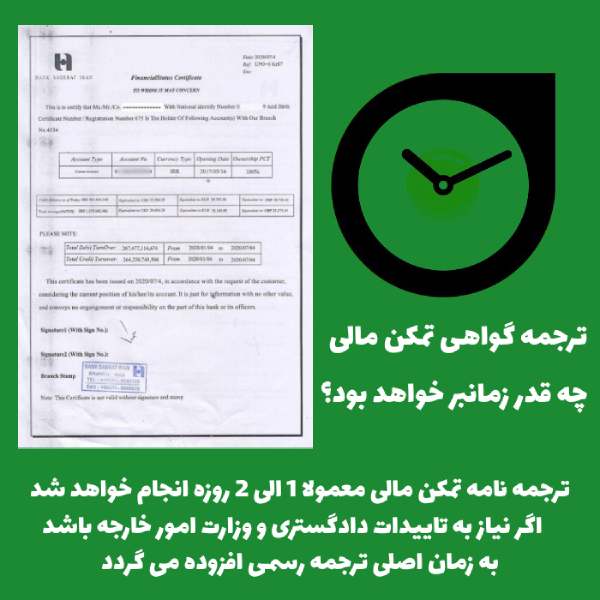 مدت زمان ترجمه رسمی گواهی تمکن مالی حدودا 2 روز است.